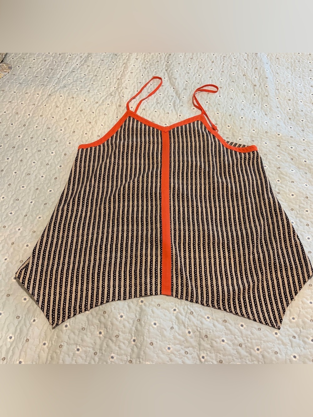 THML Handkerchief Hem Top With Black And Beige Vertical Striping Large